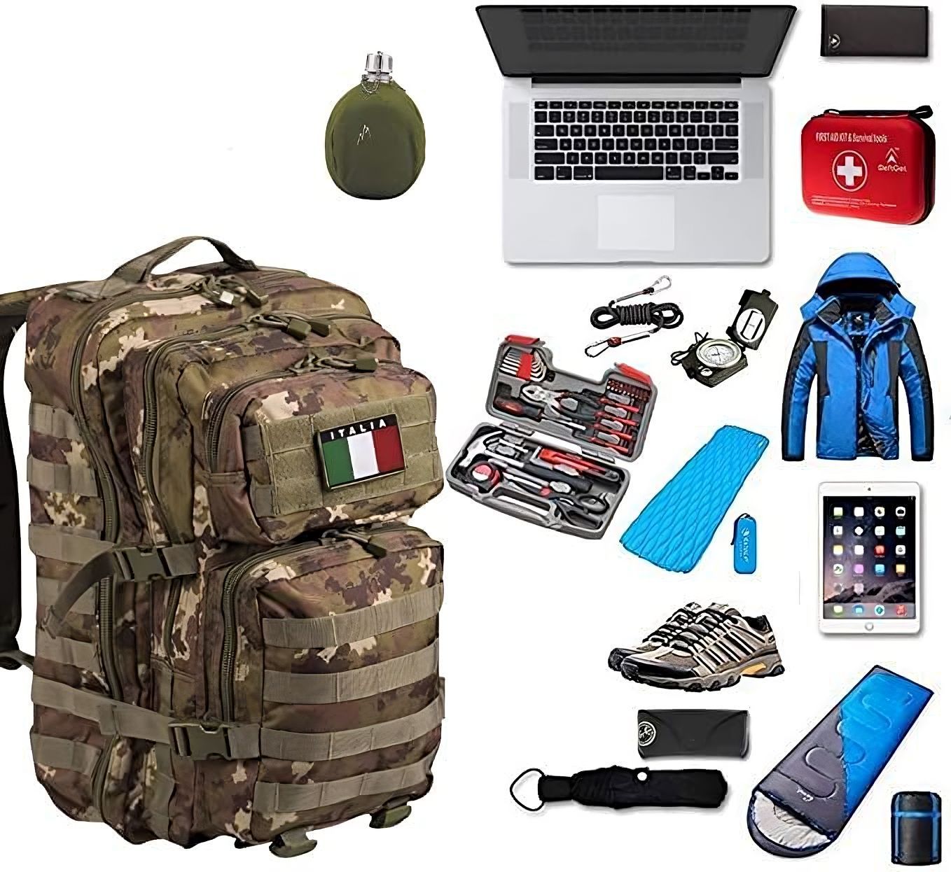 Zaino Vegetato Italiano Militare Mil-Tec 42 Litri per Caccia, Trekking, Escursioni, Compreso Toppa Italia e Penna Tattica