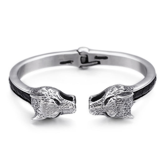 Bracciale Uomo Testa di Lupo – Acciaio Inossidabile 316L e Pelle, Stile Vintage