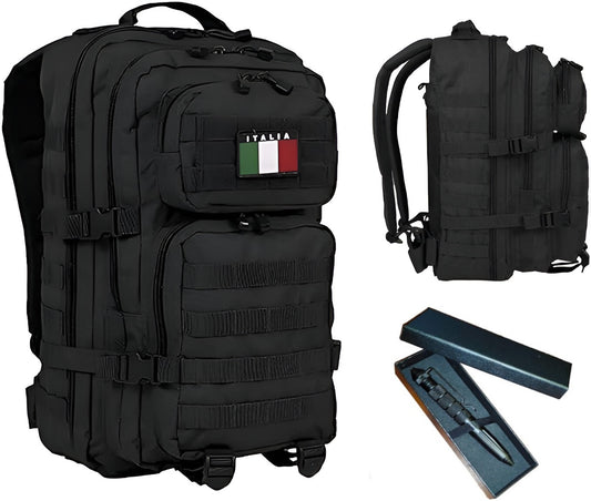 Miltec Zaino Nero Militare Mil-Tec 42 Litri per Campeggio, Trekking, Escursioni, Impermeabile 600D Compreso Penna Tattica e Toppa Italia